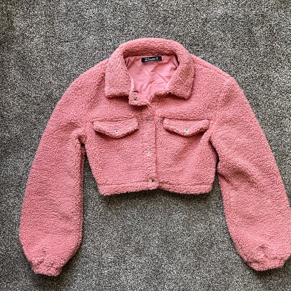 Fuzzy Fleece Jacket Cropped Button Down Lapel Sherpa Jacket Pink Blush - Picture 7 of 10